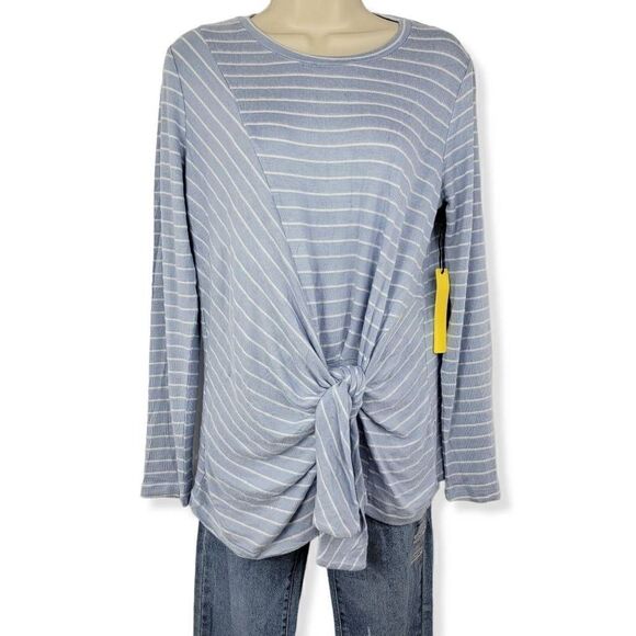Gibson Blue Striped Tie Front Fleece Sweater Petite Medium - Picture 1 of 2